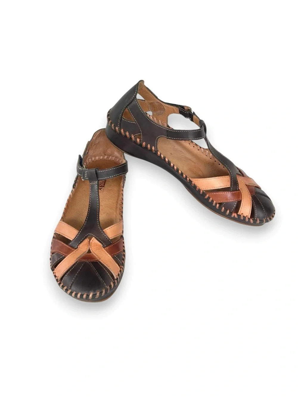 Pikolinos P Vallarta Navy Brown Leather T-Strap Semi Closed Toe Sandals EU 39